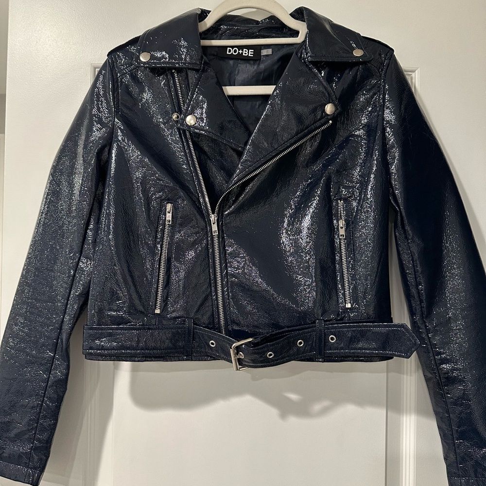 Navy Metallic Faux Leather Jacket